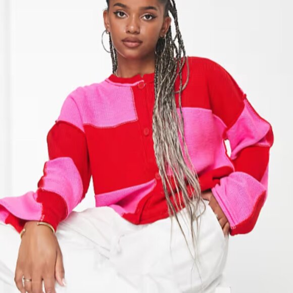 ASOS DESIGN oversize cardigan in pink and red check. Size 8 - Picture 1 of 3